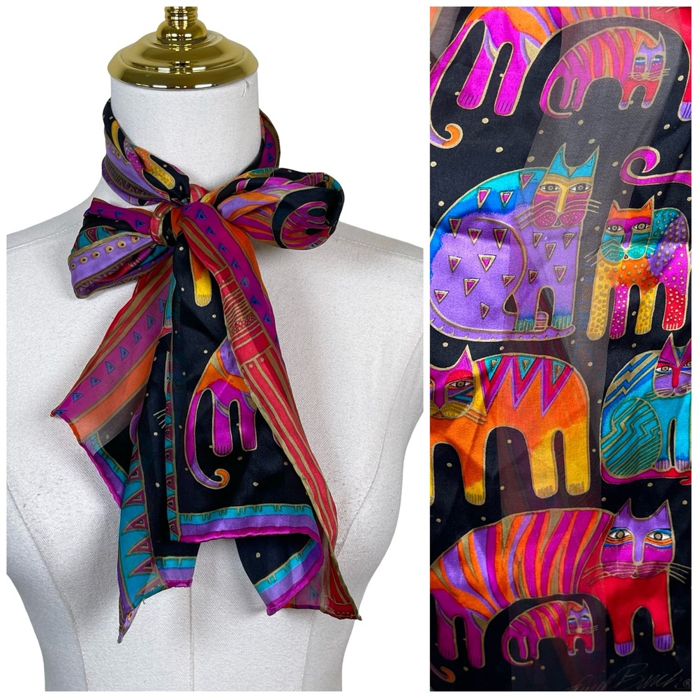 Vintage Laurel Burch Scarf Cats Colorful Artistic Silk Folk Art to Wear Boho